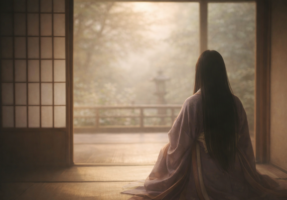 夕暮れの湖畔に立つ女性の後ろ姿が表紙になった花読み®の絵本と 見開きの中面を並べた画像 迷ったときや立ち止まったときに ページをひらき 心の向きを整えるための 花読み®ピブリオマンシーを紹介している 経営者カウンセリングを大阪で行う花読み®の世界観を表現したビジュアル