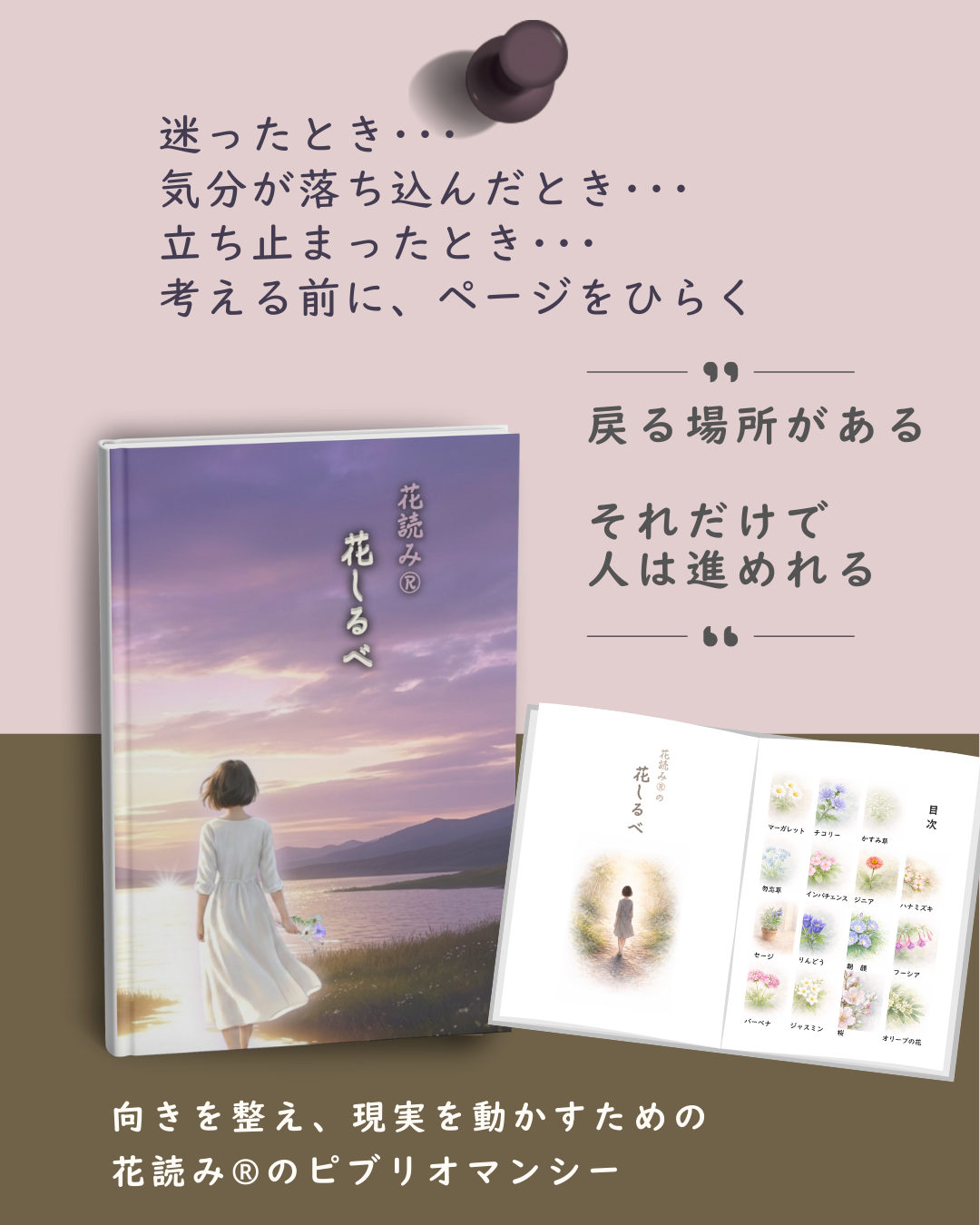 花読み®の絵本「花しるべ」の表紙と中面の紹介画像 迷いや落ち込みを感じたときに 心の向きを整え 現実を動かすためのピブリオマンシー 経営者カウンセリングを大阪で行う花読み®のメソッドを表している